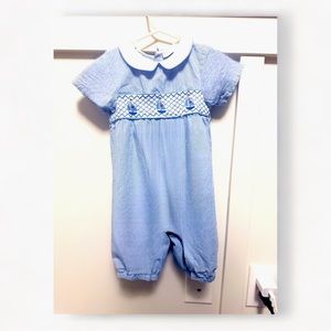 Jojo Mamam 24M sailboat romper - blue and white seersucker